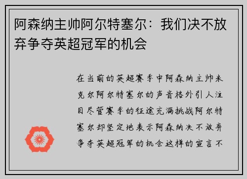 阿森纳主帅阿尔特塞尔：我们决不放弃争夺英超冠军的机会
